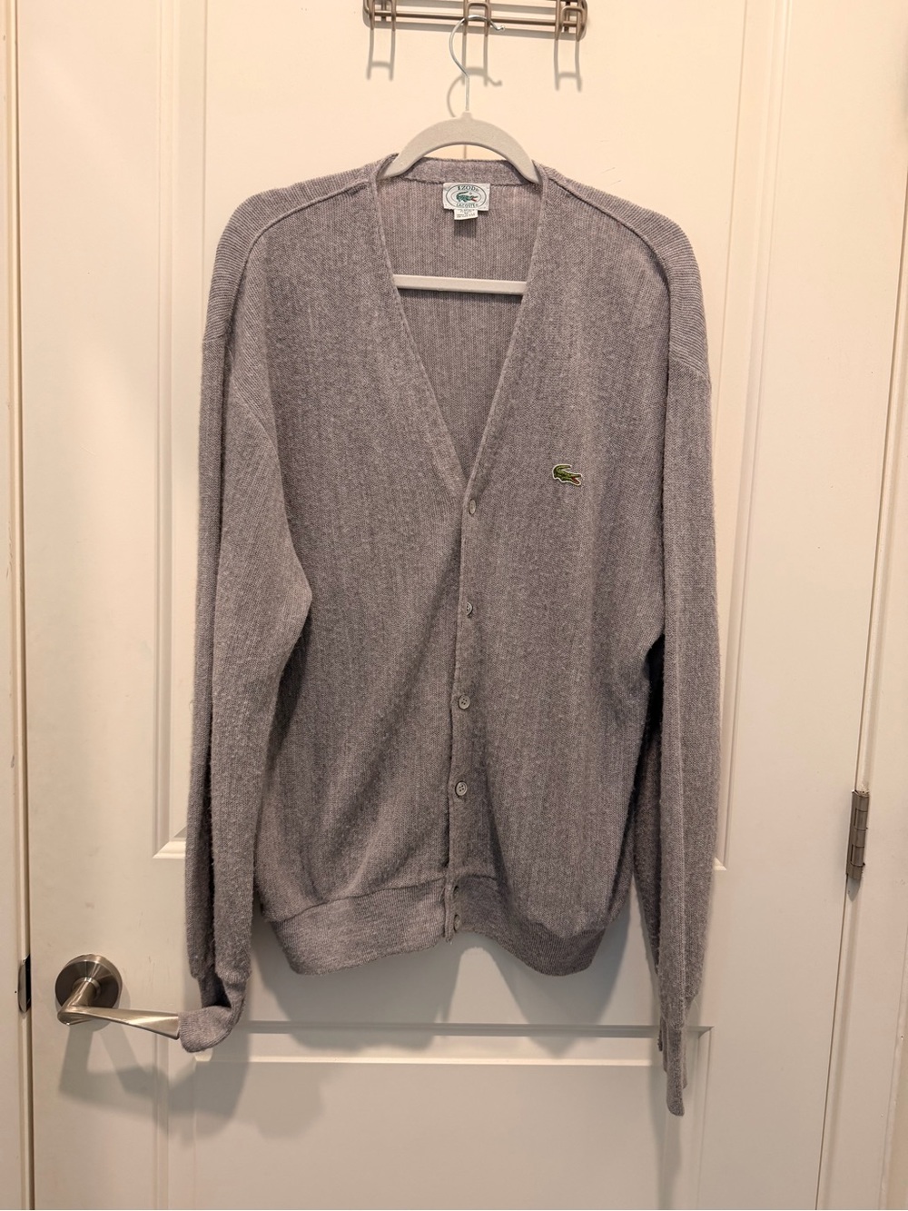 Vintage Izod Lacoste Gray V-Neck Acrylic Cardigan Sweater XL Made in USA